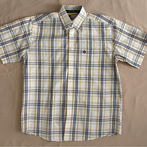 Wrangler George Straight Mens Yellow + Blue Plaid Short Sleeve Shirt Size Large - Picture 1 of 6